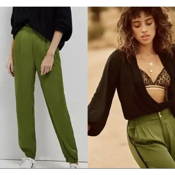 Anthropologie Diandra Green Satin Pleated Joggers Size 16. B-3